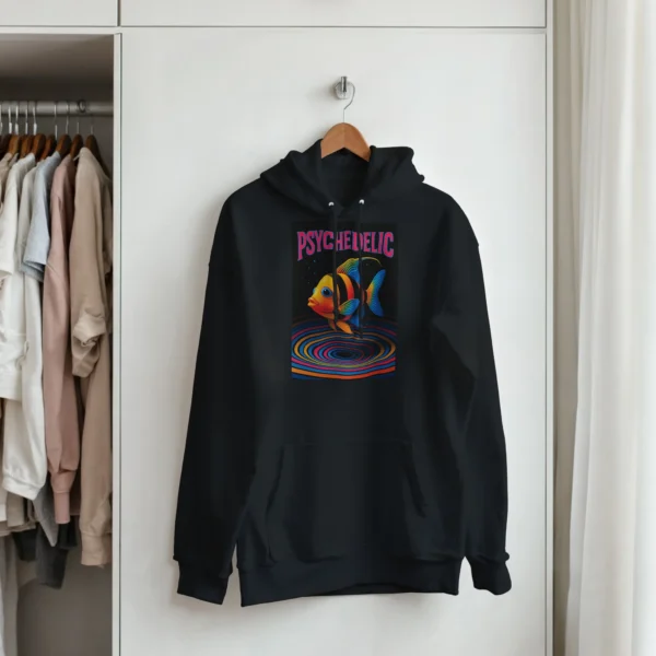 Psychedelic Fish Vibes Unisex Pullover Hoodie , Vibrant Retro Art , Gildan 18500