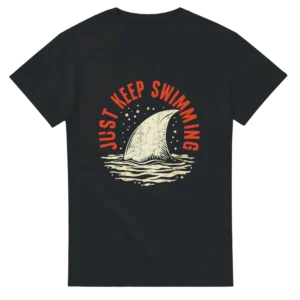 Keep Swimming Shark Fin Tee , Heavyweight Unisex Crewneck T-shirt in Dark Heather or Black
