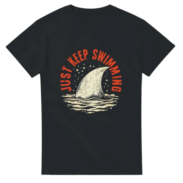 Keep Swimming Shark Fin Tee , Heavyweight Unisex Crewneck T-shirt in Dark Heather or Black
