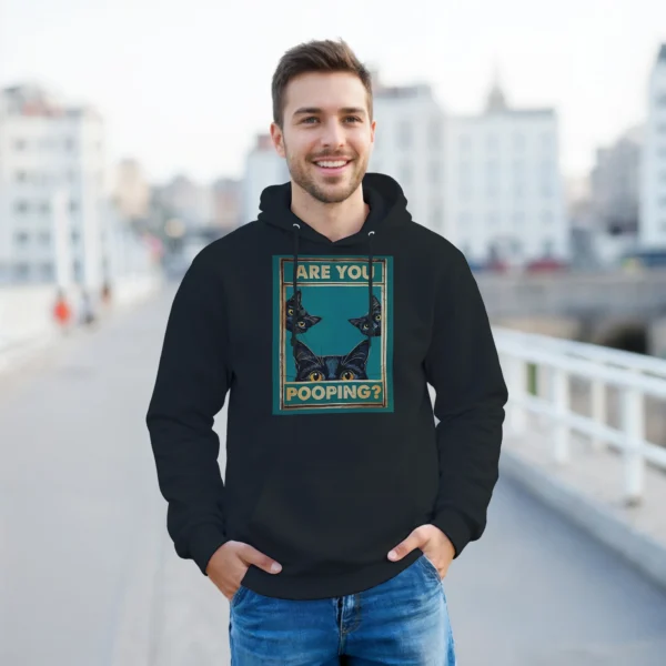 Humorous Black Cat Peekaboo Pullover Hoodie , Funny "Are You Pooping?" Pet Lover Gift , Gildan 18500