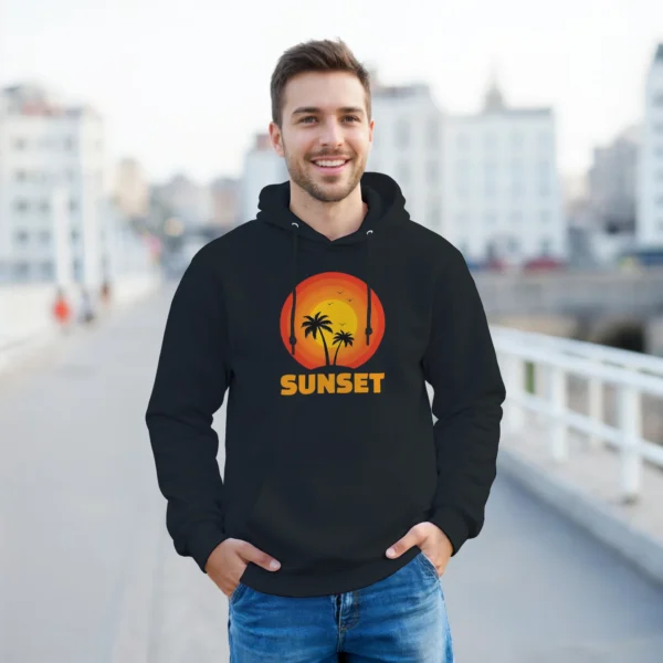 Retro Sunset Palm Tree Graphic Hoodie , Classic Unisex Pullover for a Tropical Vibe