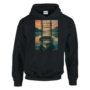 Fresh Beginning Sunset Hoodie , Classic Unisex Pullover Hoodie with Inspirational Boat and Lake Scene