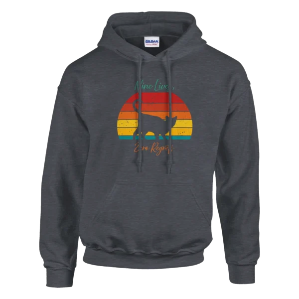 Nine Lives, Zero Regrets Cat Hoodie , Retro Sunset Feline Pullover , Classic Unisex Gildan 18500