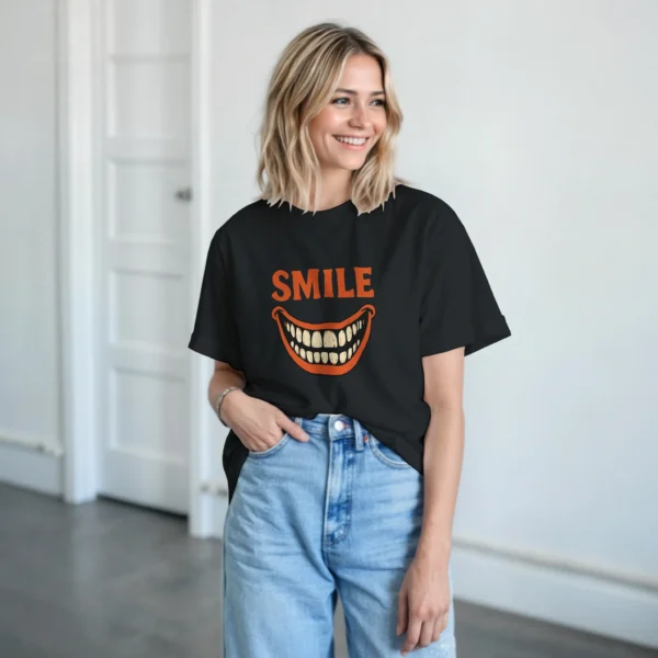 Retro Smile Orange Teeth Unisex T-shirt , Heavyweight Gildan 5000 in Dark Heather or Black