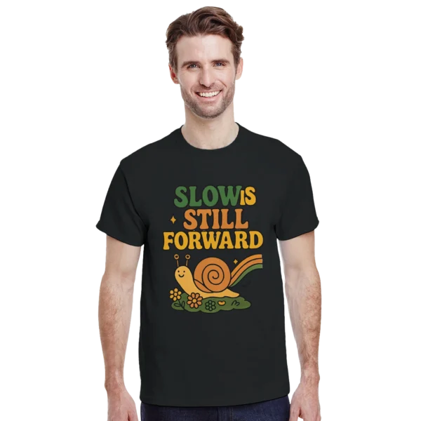 Retro 'Slow Is Still Forward' Snail Graphic Tee , Heavyweight Unisex Crewneck T-shirt in Your Choice of Hues