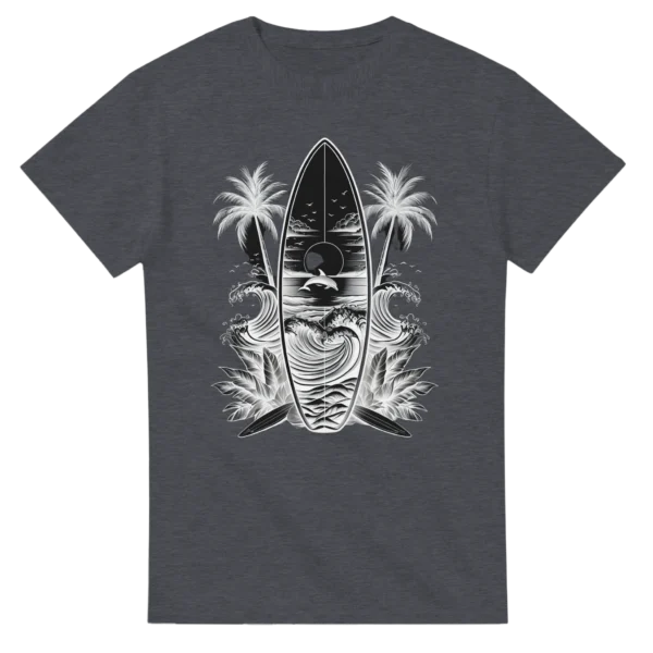 Oceanic Serenity: Surfboard and Dolphin Monochrome Unisex T-shirt , Heavyweight Gildan 5000