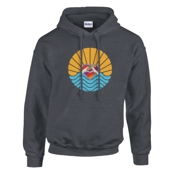 Retro Love Sunset Hoodie , Classic Unisex Pullover with Heart Hands Design , Gildan 18500