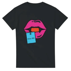 Neon Vampire Lips with 'Kiss Me' Tag , Heavyweight Unisex Crewneck T-shirt in Dark Heather or Black