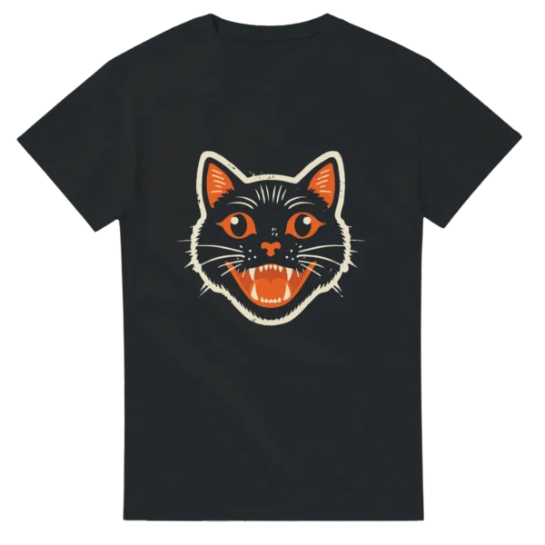 Retro Spooky Black Cat Tee , Vintage Halloween Style Heavyweight Unisex Crewneck T-shirt in Your Choice of Haunting Hues