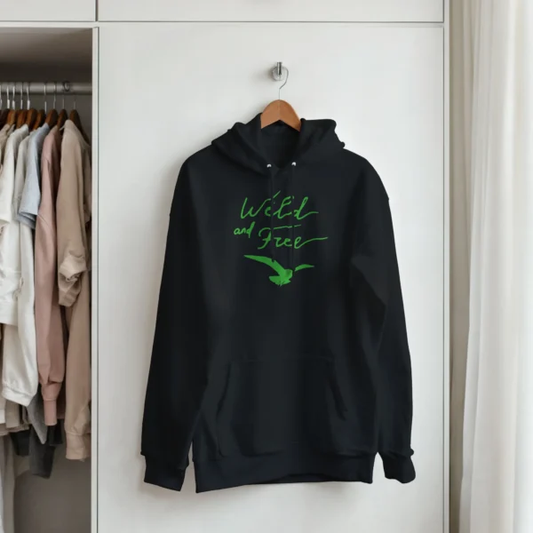 Wild and Free Green Script and Bird Hoodie , Classic Unisex Pullover Hoodie