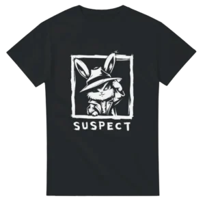 Noir Detective Bunny T-shirt , 'SUSPECT' Graphic Tee for Mystery Fans