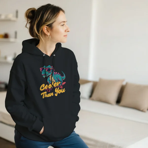 Retro Skater Dinosaur "Cooler Than You" Hoodie , Bold and Stylish Unisex Pullover for Dino Lovers