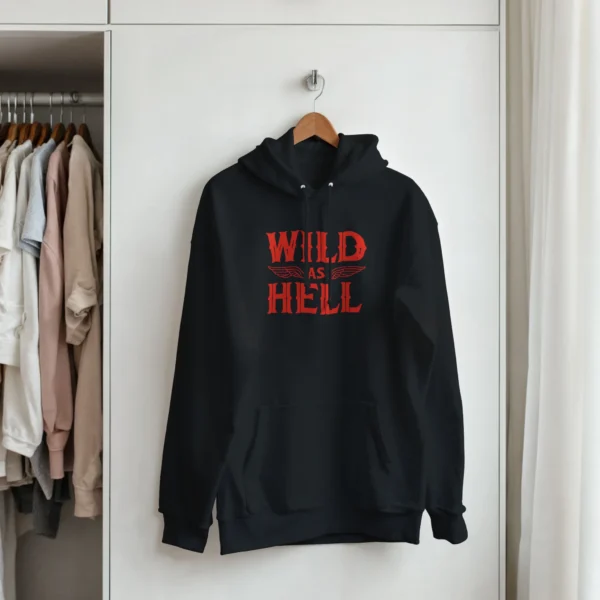 Wild As Hell Skull and Wings Graphic Hoodie , Rebel Red and Black Classic Unisex Pullover
