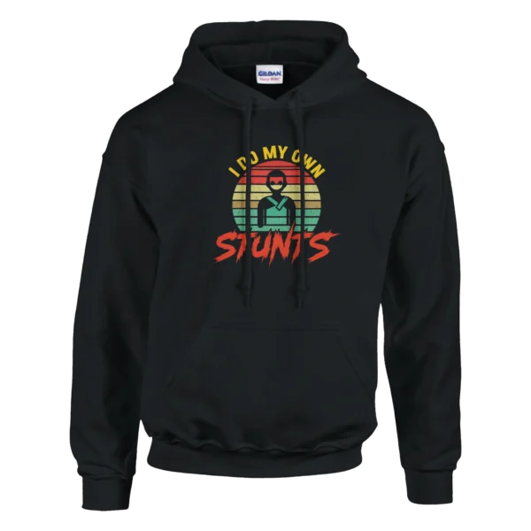 I Do My Own Stunts Funny Hoodie , Retro Sunset Vibes , Classic Unisex Pullover Gildan 18500