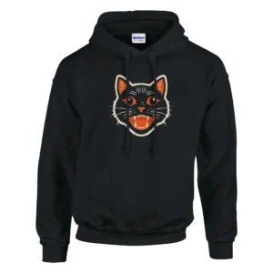 Vintage Halloween Black Cat Hoodie , Spooky Retro Vibe Pullover , Gildan 18500 in Dark Heather or Black