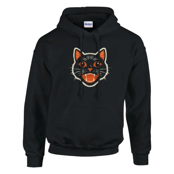 Vintage Halloween Black Cat Hoodie , Spooky Retro Vibe Pullover , Gildan 18500 in Dark Heather or Black