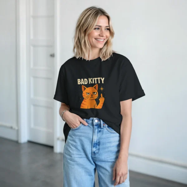Bad Kitty Attitude T-Shirt , Sassy Orange Cat Crewneck in Your Choice of Dark Heather or Black