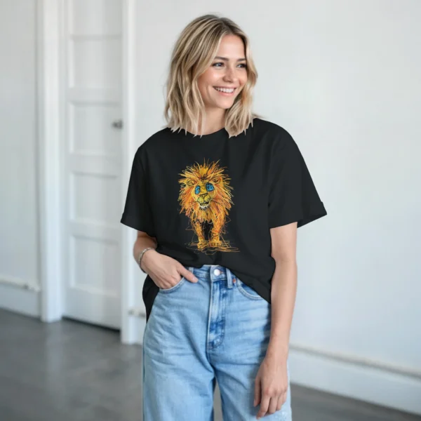 Abstract 'King of the Jungle' Tee , Vibrant Scribble Art Lion Heavyweight Crewneck T-shirt