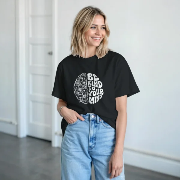 Mindful Blooms: 'Be Kind To Your Mind' Floral Brain Heavyweight Unisex Crewneck T-shirt , Gildan 5000