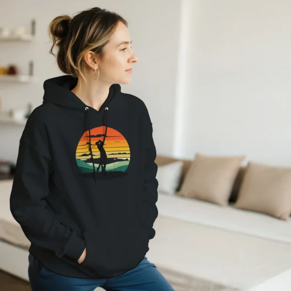 Retro Sunset Golfer Hoodie , Classic Unisex Pullover for Golf Enthusiasts