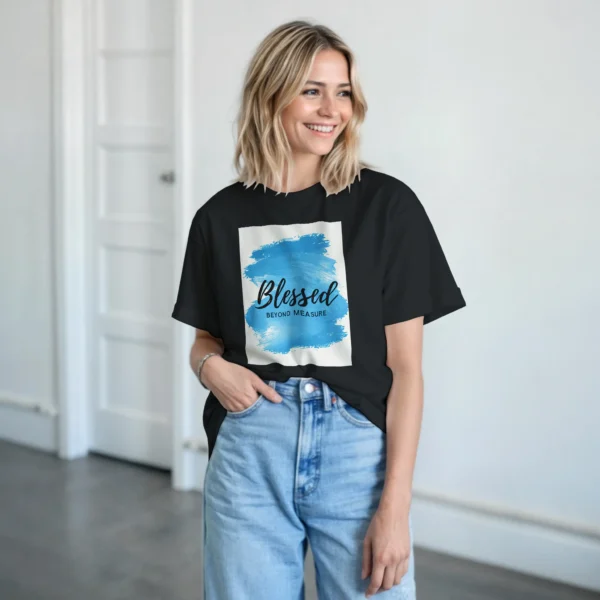 Blessed Beyond Measure Tee , Vibrant Blue Brushstroke Design Unisex Heavyweight Crewneck T-shirt