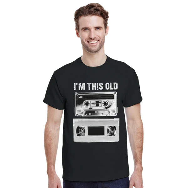 Retro Rewind: "I'm This Old" Cassette and VHS Unisex T-shirt , Nostalgia Black and Dark Heather Tee