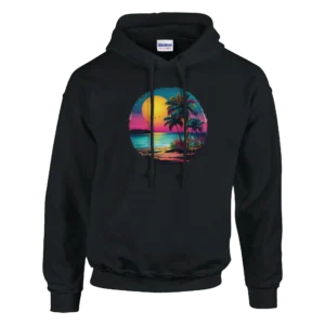 Vaporwave Sunset Palm Beach Hoodie , Retro 80s Aesthetic Unisex Pullover