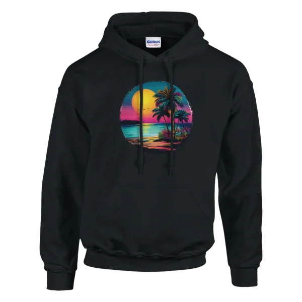 Vaporwave Sunset Palm Beach Hoodie , Retro 80s Aesthetic Unisex Pullover