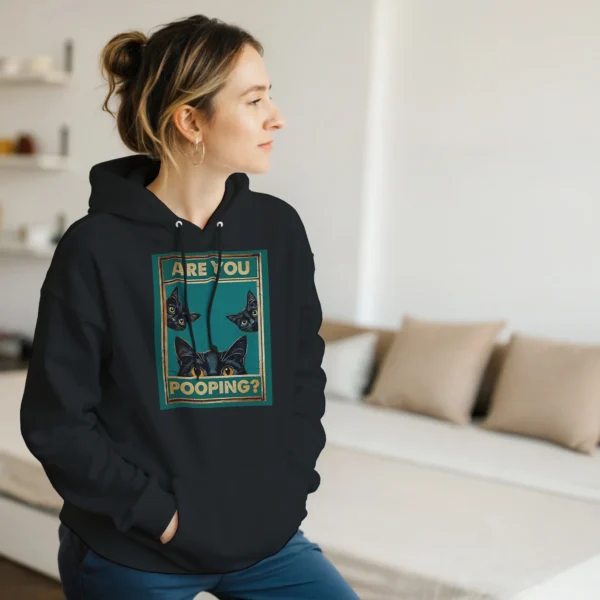 Humorous Black Cat Peekaboo Pullover Hoodie , Funny "Are You Pooping?" Pet Lover Gift , Gildan 18500