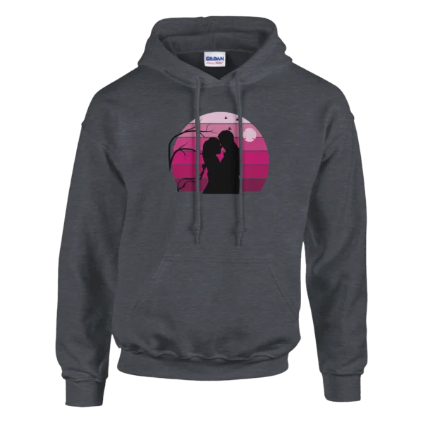 Romantic Sunset Couple Hoodie , Pink and Purple Love Silhouette , Classic Unisex Pullover Gildan 18500