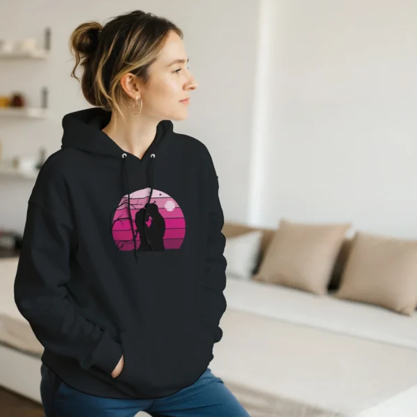 Romantic Sunset Couple Hoodie , Pink and Purple Love Silhouette , Classic Unisex Pullover Gildan 18500