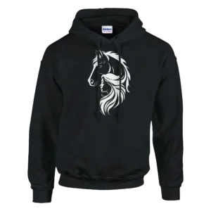 Mystical Horse and Woman Silhouette Unisex Pullover Hoodie , Glimmering Design in Dark Heather and Black
