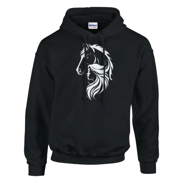 Mystical Horse and Woman Silhouette Unisex Pullover Hoodie , Glimmering Design in Dark Heather and Black
