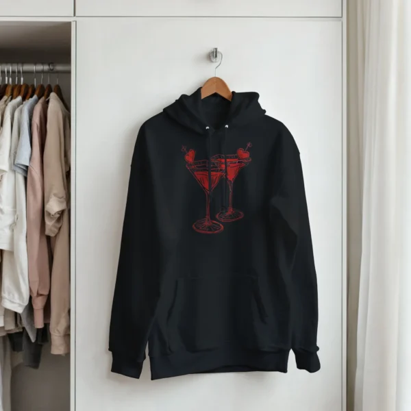 Valentine's Day Lovers Martini Cocktail Glasses Unisex Pullover Hoodie , Gildan 18500