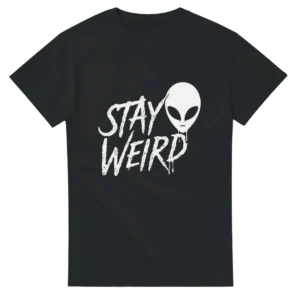 Stay Weird Alien Head Drip Graphic Tee , Heavyweight Unisex Crewneck T-shirt in Dark Heather or Black