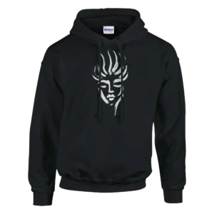 Abstract Spirit Face Pullover Hoodie , Artistic Expression, Unisex Comfort in Dark Heather and Black