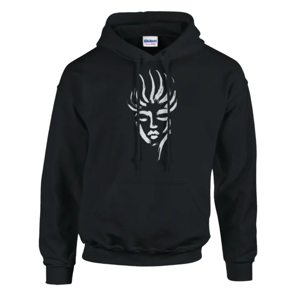 Abstract Spirit Face Pullover Hoodie , Artistic Expression, Unisex Comfort in Dark Heather and Black