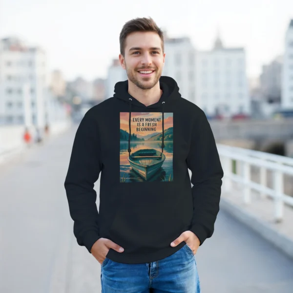 Fresh Beginning Sunset Hoodie , Classic Unisex Pullover Hoodie with Inspirational Boat and Lake Scene