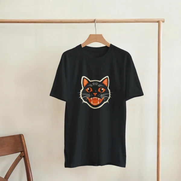 Retro Spooky Black Cat Tee , Vintage Halloween Style Heavyweight Unisex Crewneck T-shirt in Your Choice of Haunting Hues