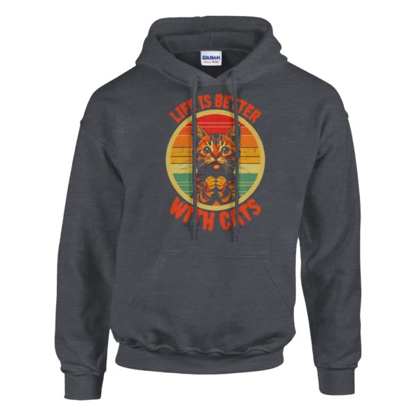 Retro Cat Lover's Unisex Pullover Hoodie , "Life is Better With Cats" Vintage Sunset Design , Gildan 18500