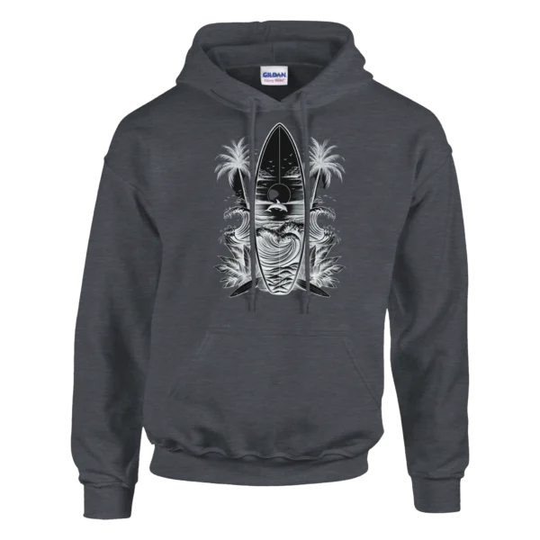 Oceanic Sunset Surf Vibes Hoodie , Black and White Coastal Art Unisex Pullover