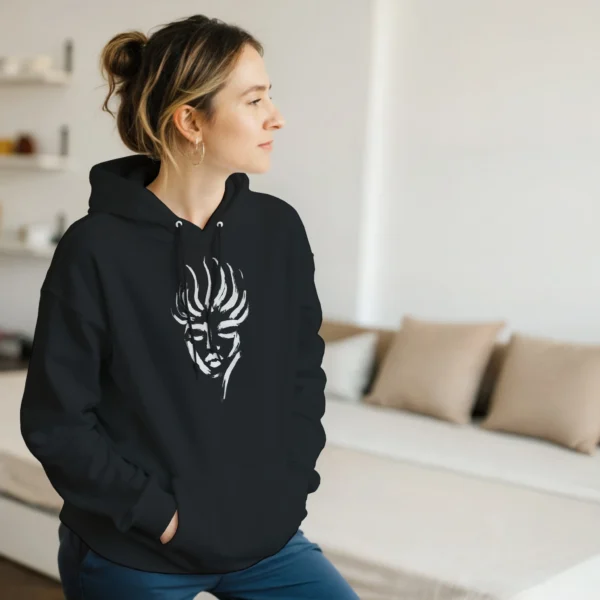 Abstract Spirit Face Pullover Hoodie , Artistic Expression, Unisex Comfort in Dark Heather and Black