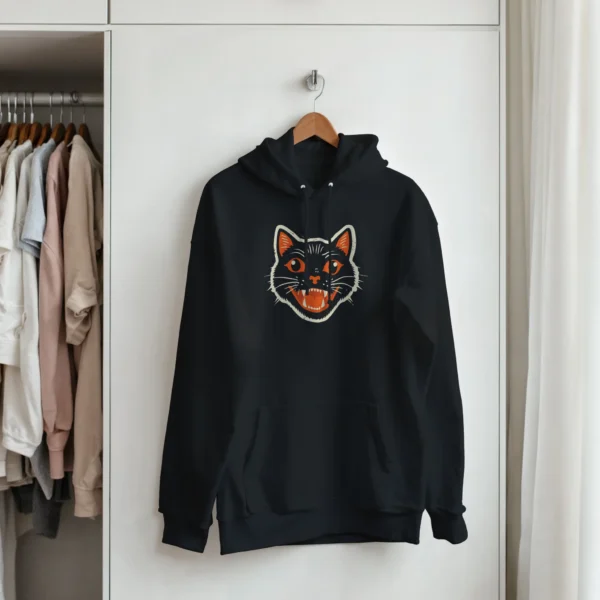 Vintage Halloween Black Cat Hoodie , Spooky Retro Vibe Pullover , Gildan 18500 in Dark Heather or Black