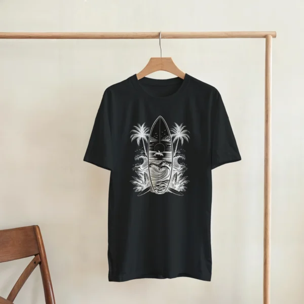 Oceanic Serenity: Surfboard and Dolphin Monochrome Unisex T-shirt , Heavyweight Gildan 5000
