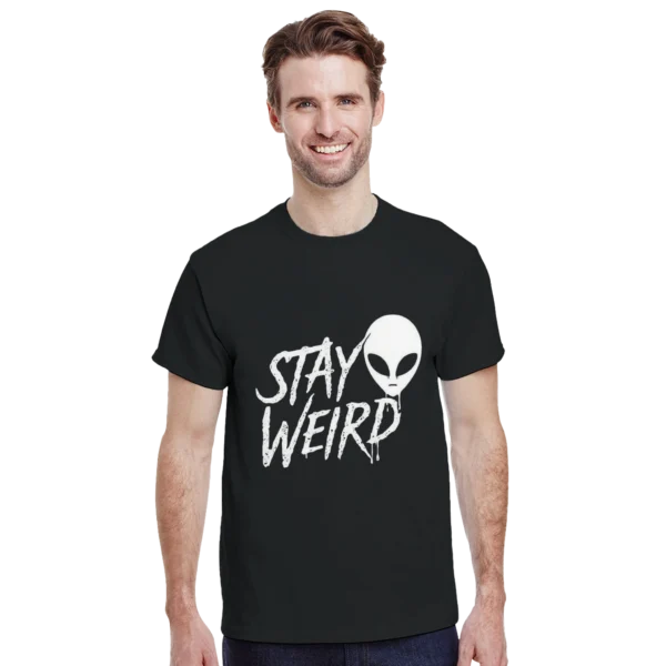 Stay Weird Alien Head Drip Graphic Tee , Heavyweight Unisex Crewneck T-shirt in Dark Heather or Black
